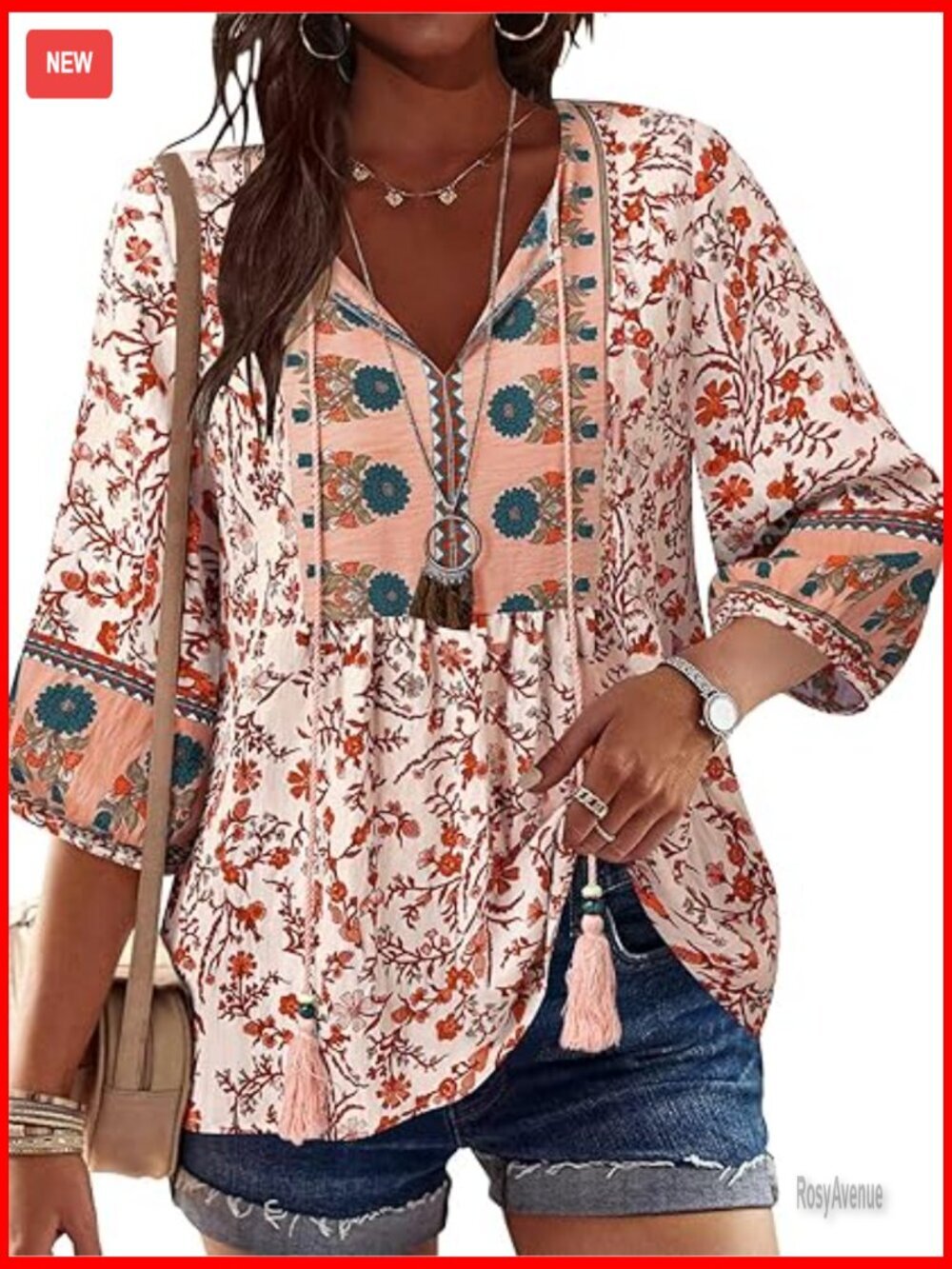 3/4 Sleeve Babydoll Tunic Boho Floral Print V Neck Tie Front Blouse